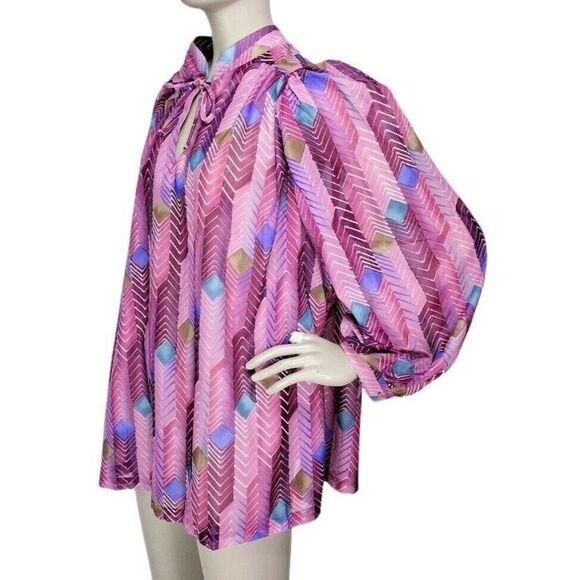 Vintage 70s Purple Chiffon Chevron Print Balloon Sleeve Peasant Blouse M/L/XL - Picture 1 of 6